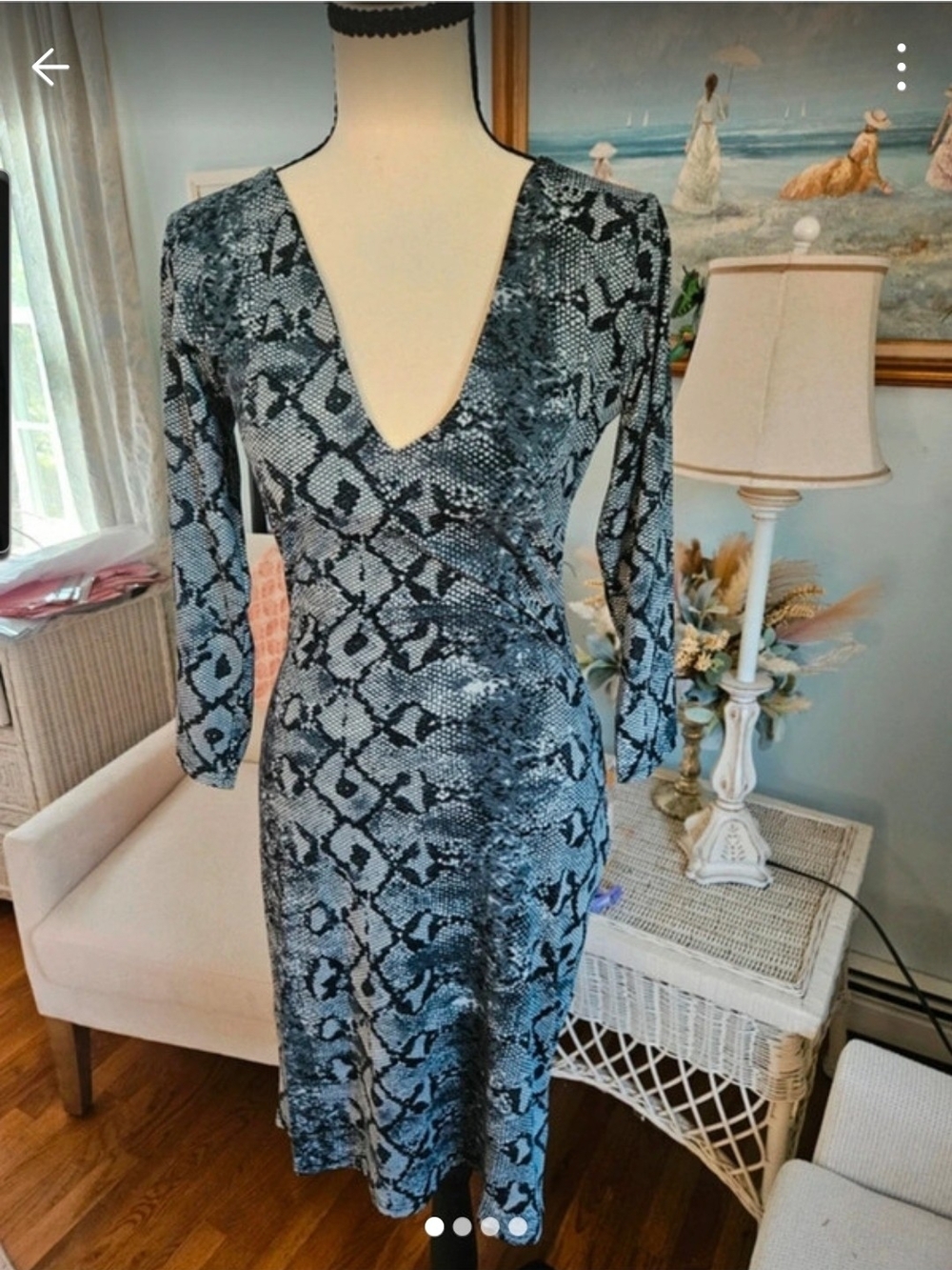 White Mark Blue Snake-Print V-Neck Long Sleeve Dress